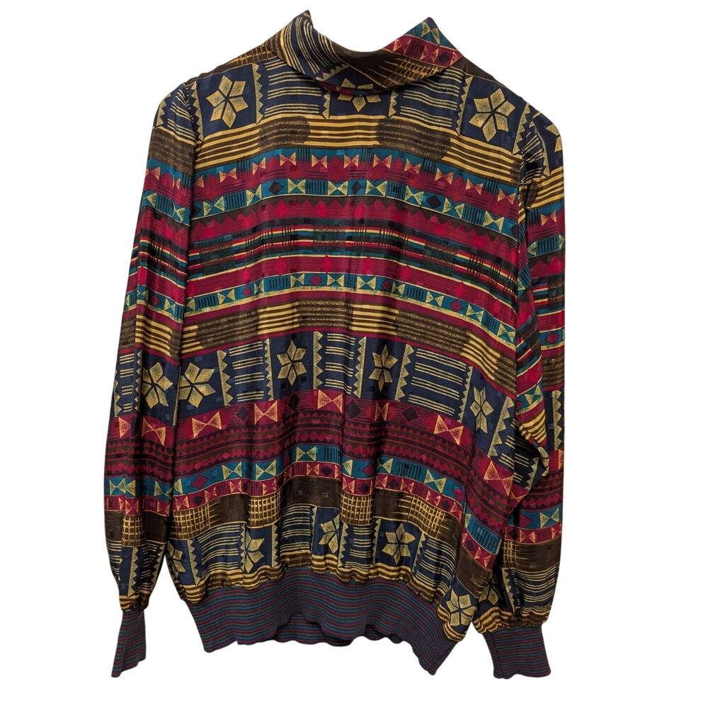 Vintage Ms Russ Union Made Geometric Tribal Print Top Collared Indie Boho Casual